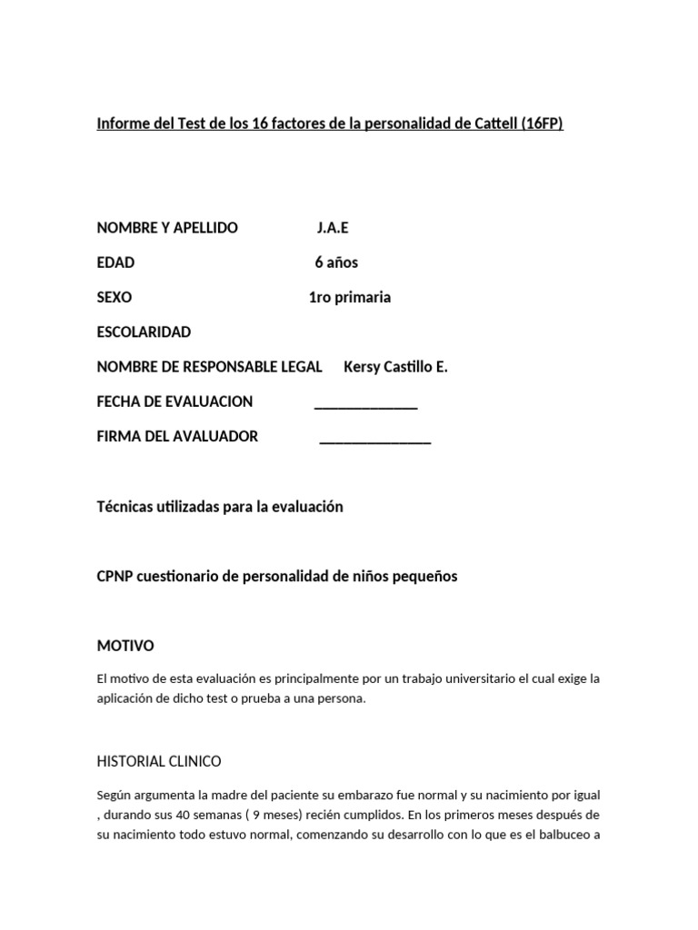 Informe del Test CPNP Infantil | PDF | Cognición | Sicología