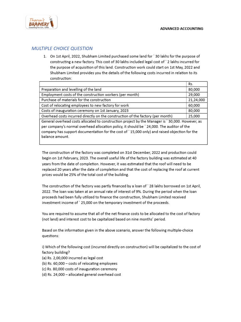 Advanced Accounting MCQs on Capitalization | PDF | Cost | Interest