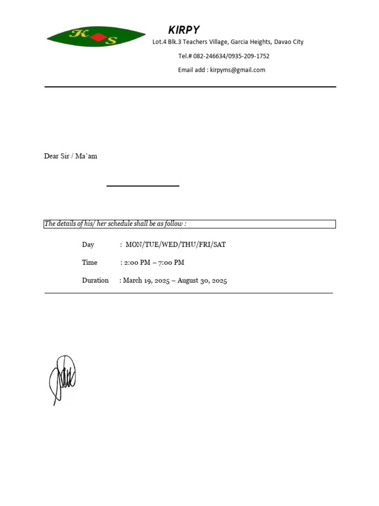 KIRPY Manpower Services Introduction Letter | PDF