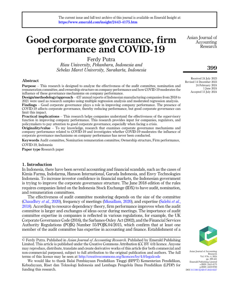 Corporate Governance and Firm Performance During COVID-19 | PDF ...
