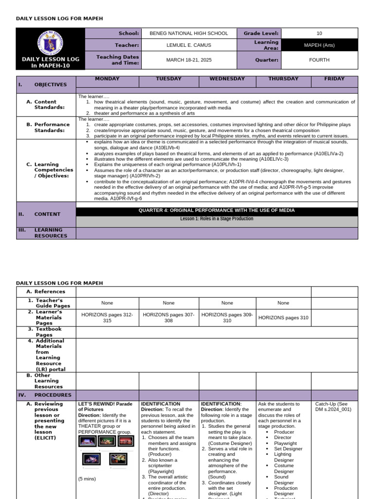 MAPEH 10 Daily Lesson Log: Theater Roles | PDF | Choreography | Learning