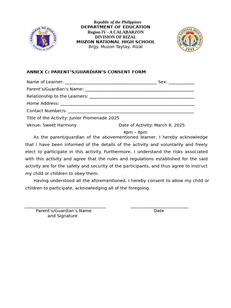 Parent Consent for Student Activity | PDF