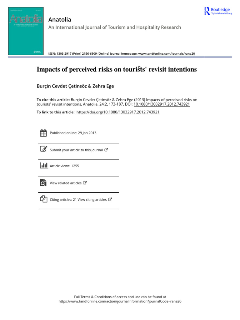 Perceived Risks and Tourist Revisit Intentions | PDF | Risk | Tourism