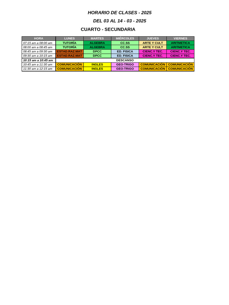Horario de Clases Adaptacion Secundaria 2025-Cuarto Año | PDF