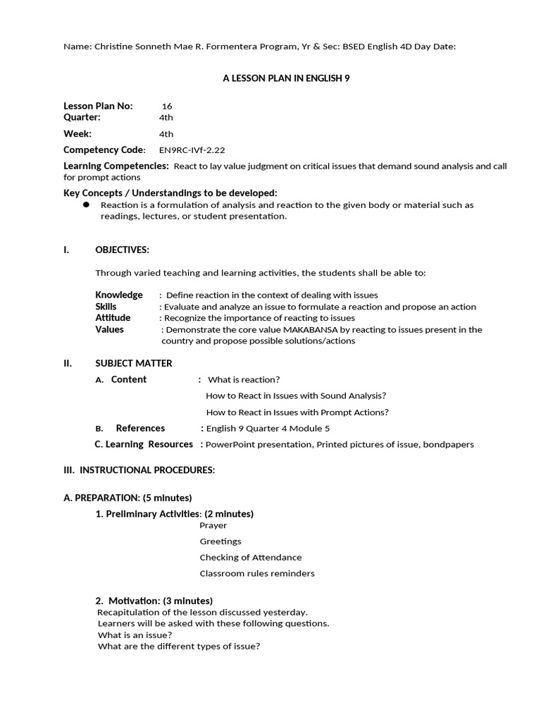 Grade 9 Reaction to Issues Lp2 | PDF | Lesson Plan | Learning