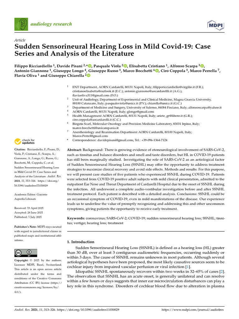1 - Sudden Sensorineural Hearing Loss in Mild Covid-19 Case Series and ...