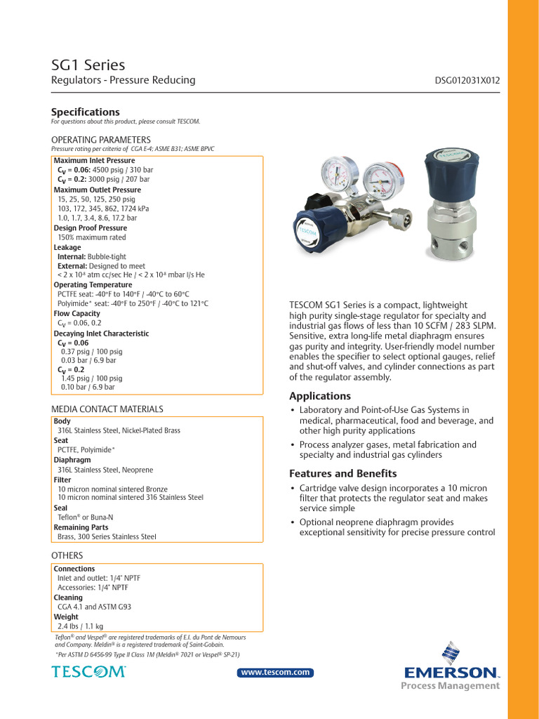 TESCOM Regulator SG1 Series | PDF | Pressure | Gas Technologies