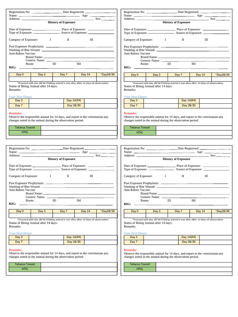 Anti-Rabies Vaccination Record Form | PDF | Drugs | Health Sciences