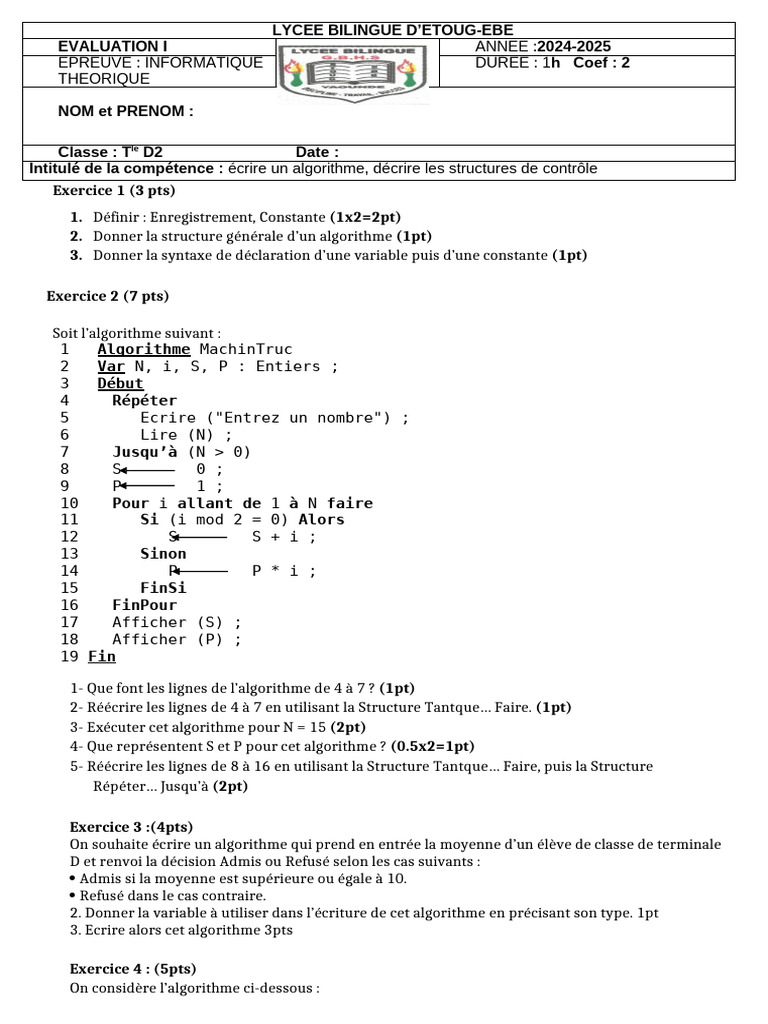 Algorithmes et Structures de Contrôle | PDF | Programmation informatique