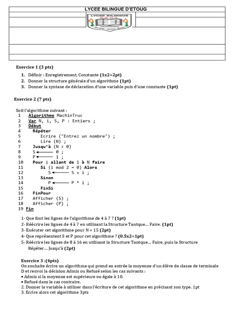 Exercice d'algorithmes et structures de contrôle | PDF | Programmation ...