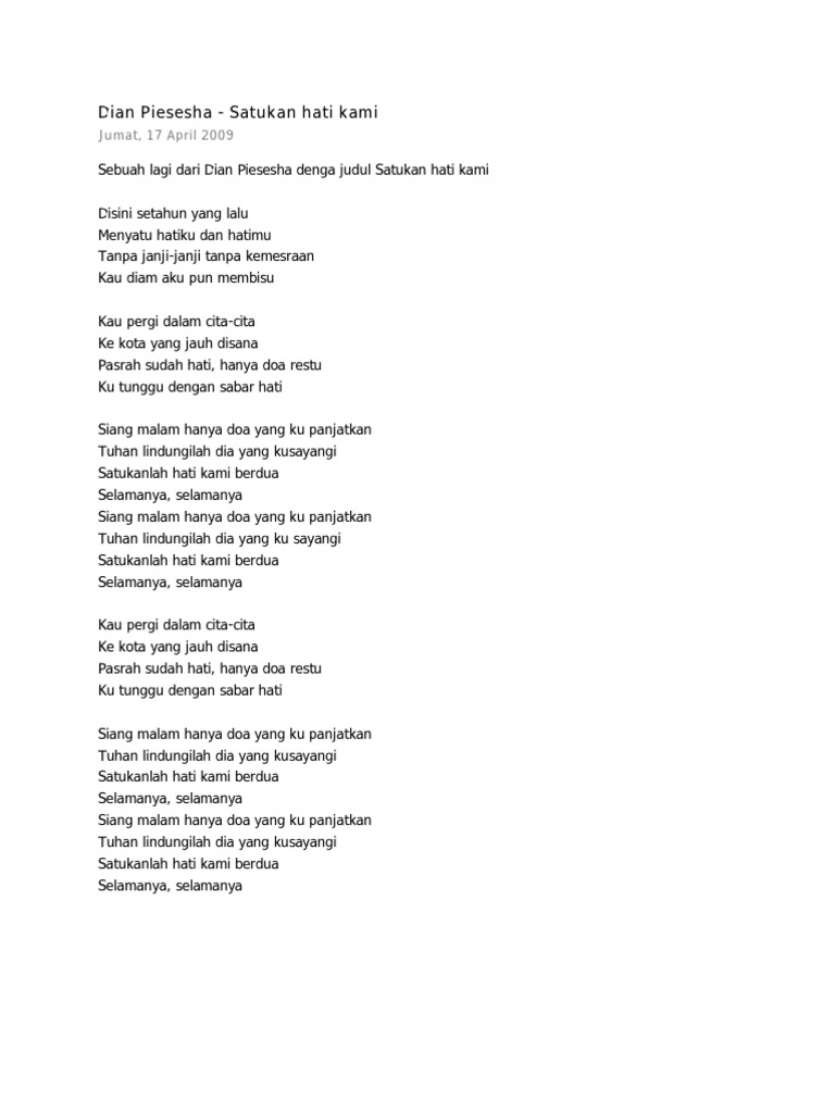 Dian Piesesha Satukanlah Hati Kami Lirik