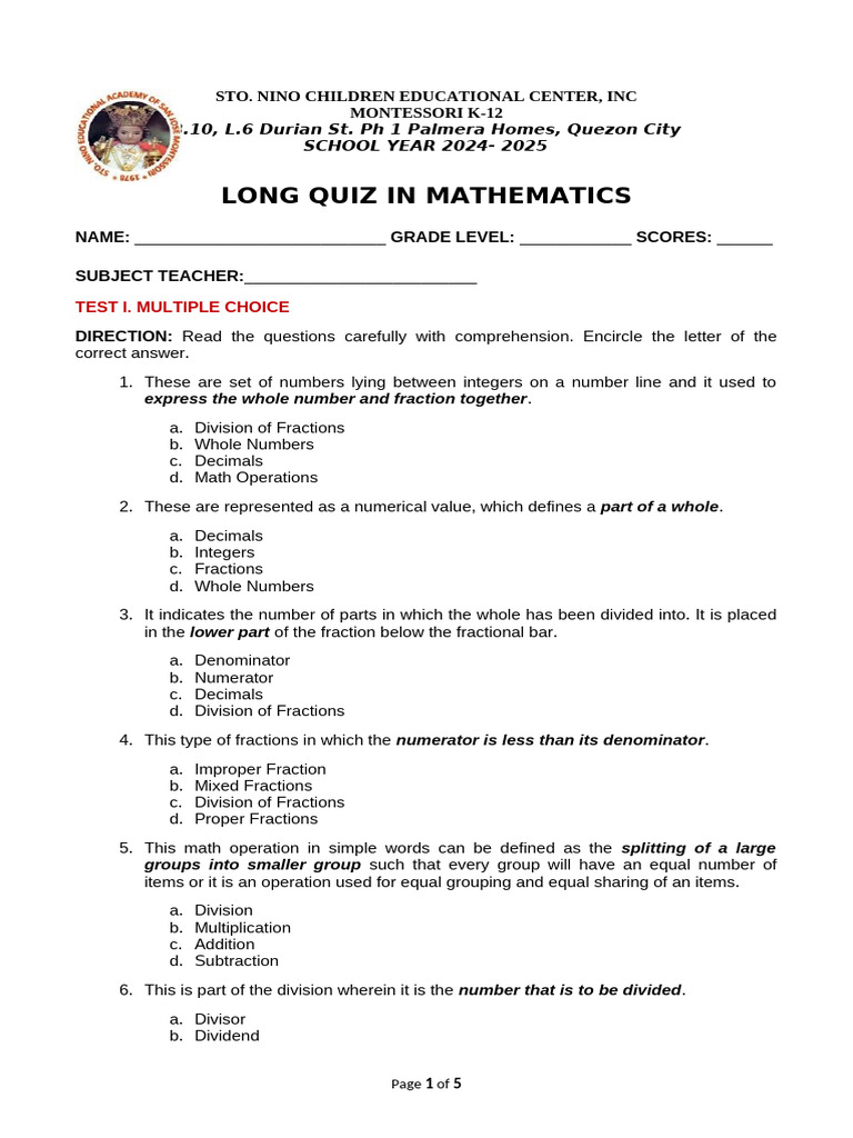 Montessori K-12 Math Quiz 2024-2025 | PDF | Division (Mathematics ...