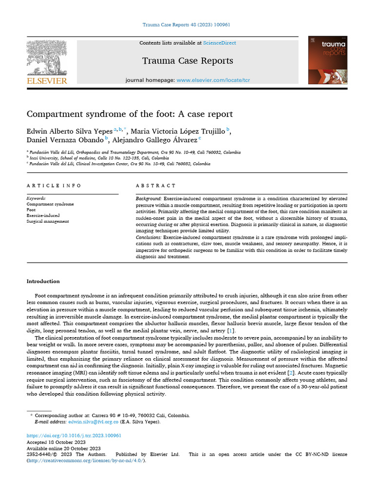 Compartment Syndrome of the Foot Case Report | PDF | Medical Imaging | Pain