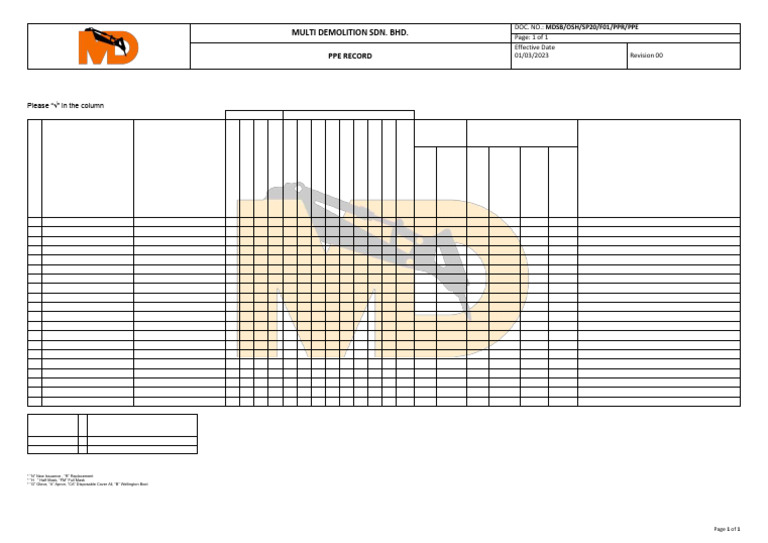 PPE Record Sheet for Multi Demolition | PDF | Personal Protective ...