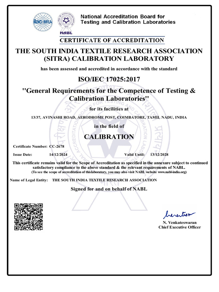 SITRA Calibration Lab Accreditation Details | PDF