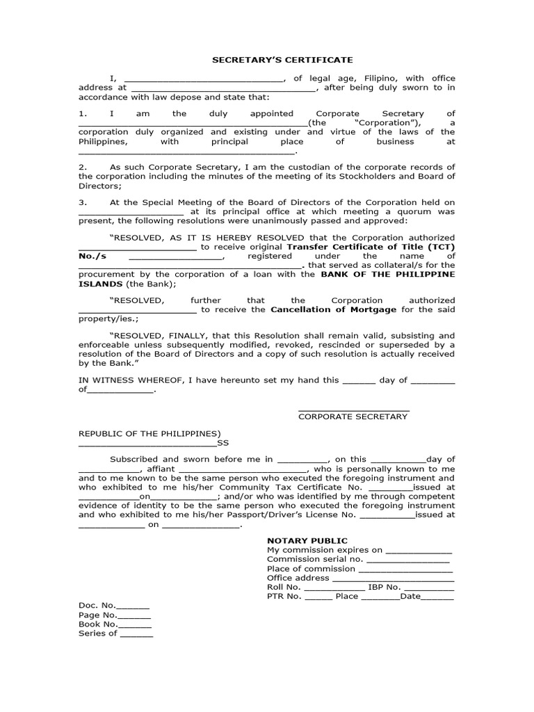 Corporate Secretary's Certificate | PDF | Justice | Crime & Violence