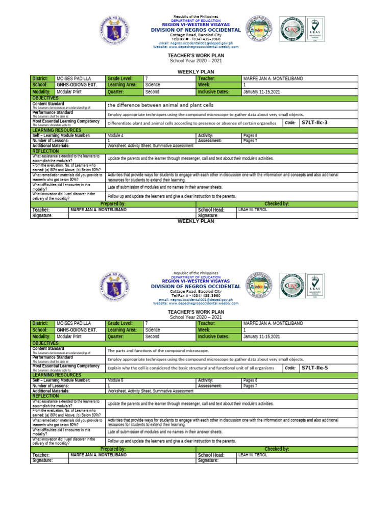 Grade 7 Science Weekly Work Plan | PDF | Learning | Teachers