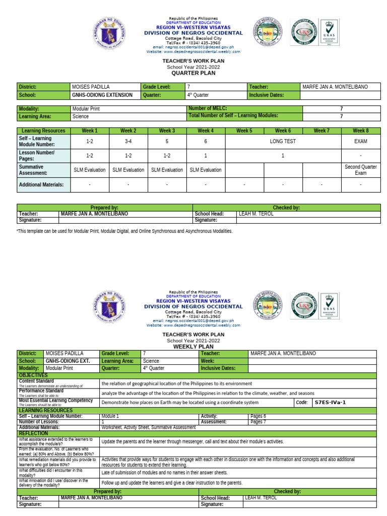 Grade 7 Science Teacher's Work Plan | PDF | Learning | Teachers