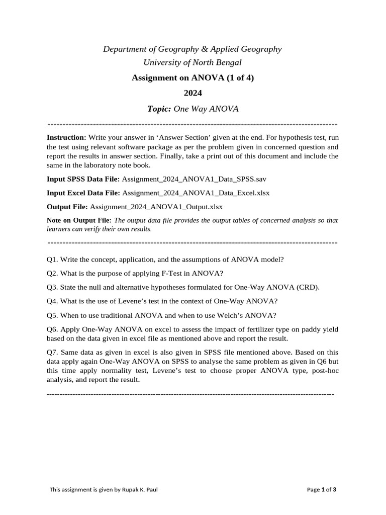 Assignment 2024 ANOVA1 One Way ANOVA | PDF | Analysis Of Variance | F Test