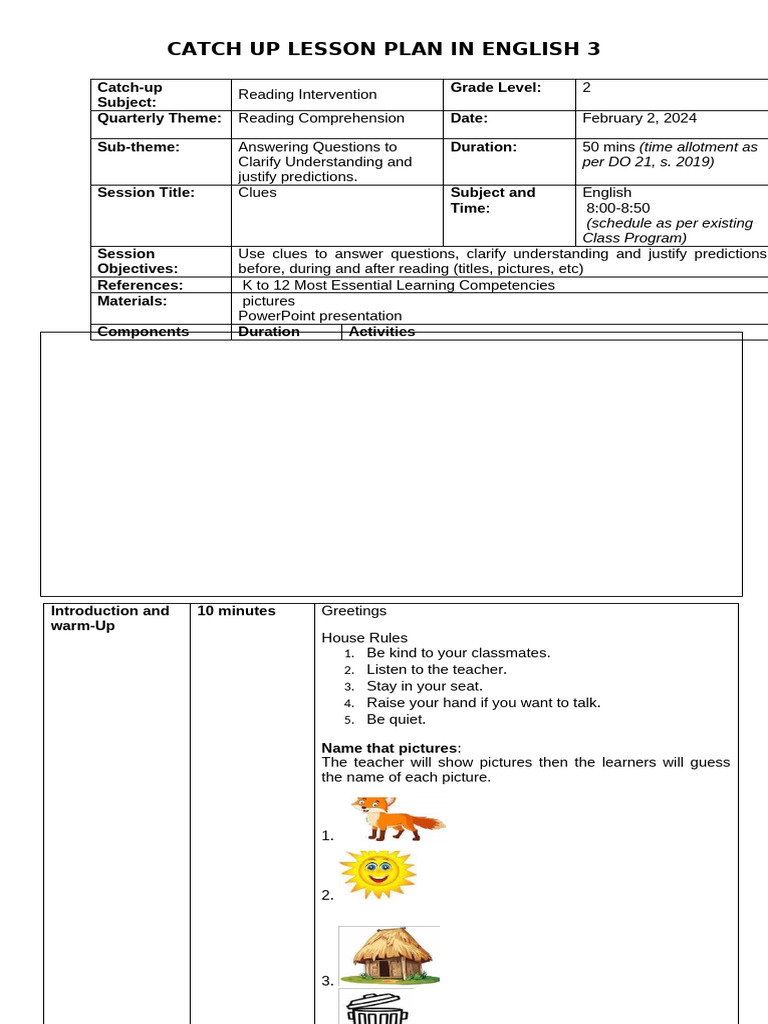 English 3 Catch-Up Lesson Plan | PDF | Reading Comprehension ...