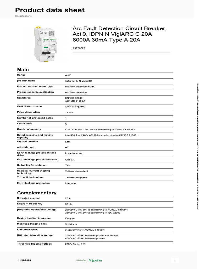 Acti9 iDPN N VigiARC 20A Specifications | PDF | Alternating Current ...