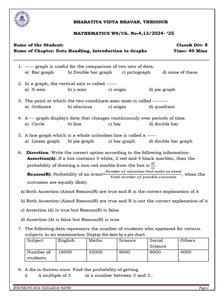 Class 8 Data Handling Worksheet | PDF | Cartesian Coordinate System
