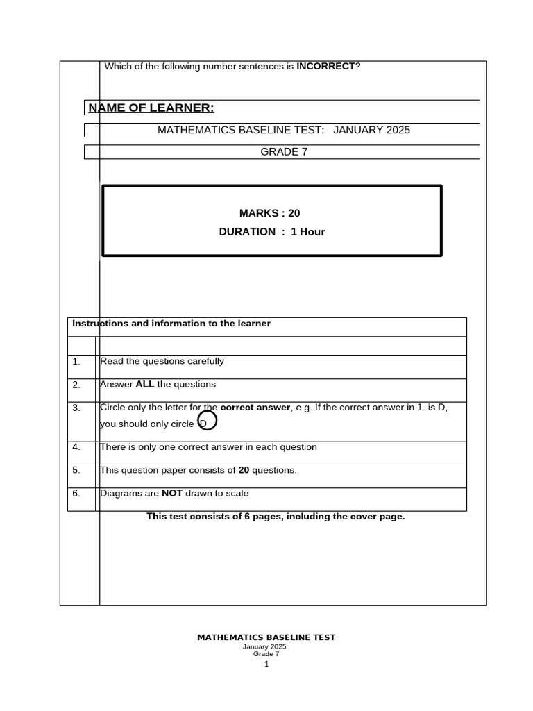7th Standard Maths Baseline Test 2025 | PDF | Elementary Mathematics ...