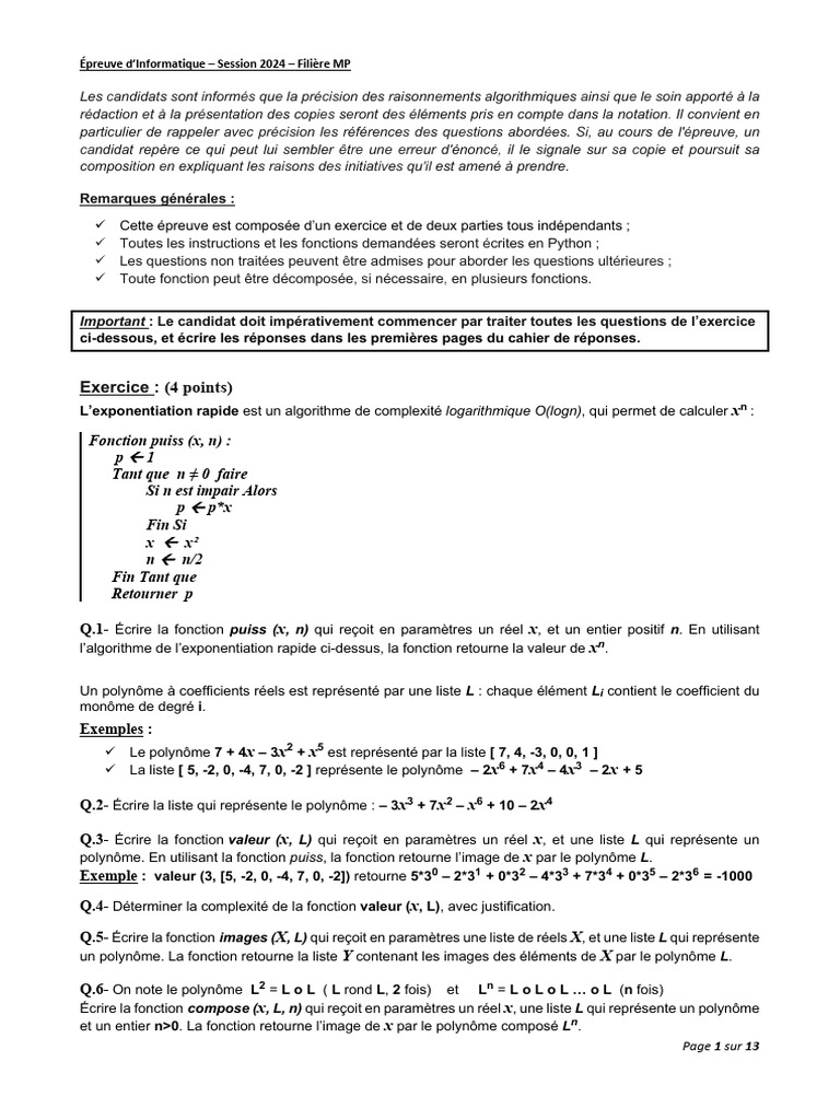 Épreuve Informatique 2024 : Algorithmes Python | PDF | Matrice ...