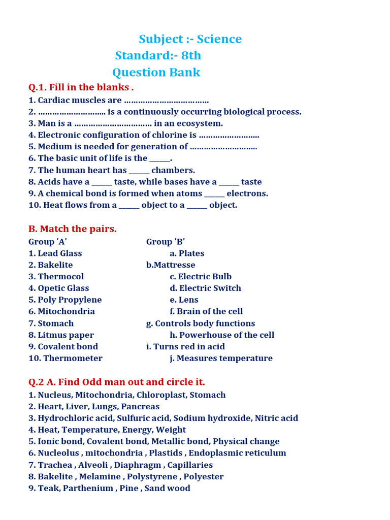 Class 8 Science Question Bank PDF | PDF | Cell (Biology) | Chemical Bond
