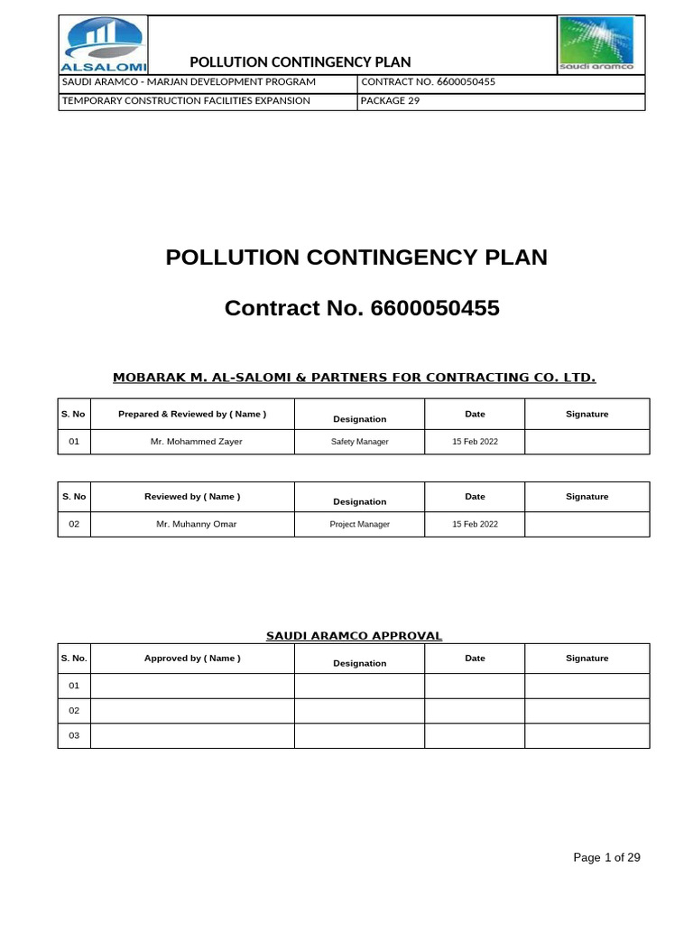 Pollution Contingency Plan for Marjan Project | PDF | Oil Spill | Leak