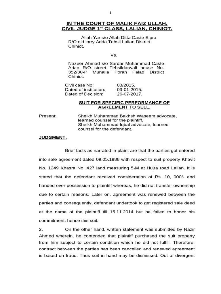 Specific Performance Judgment: Allah Yar vs. Nazeer Ahmad | PDF ...
