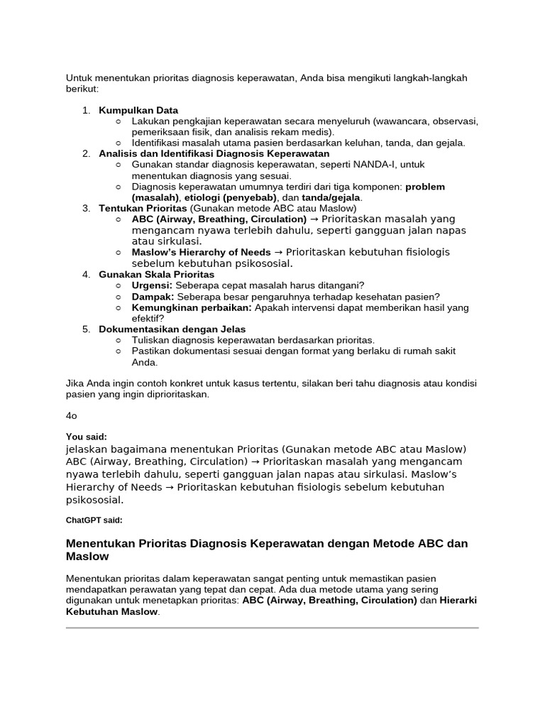 Prioritas Diagnosa Keperawatan ABC dan Maslow | PDF