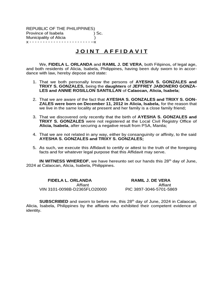 Affidavit for Late Birth Registration | PDF