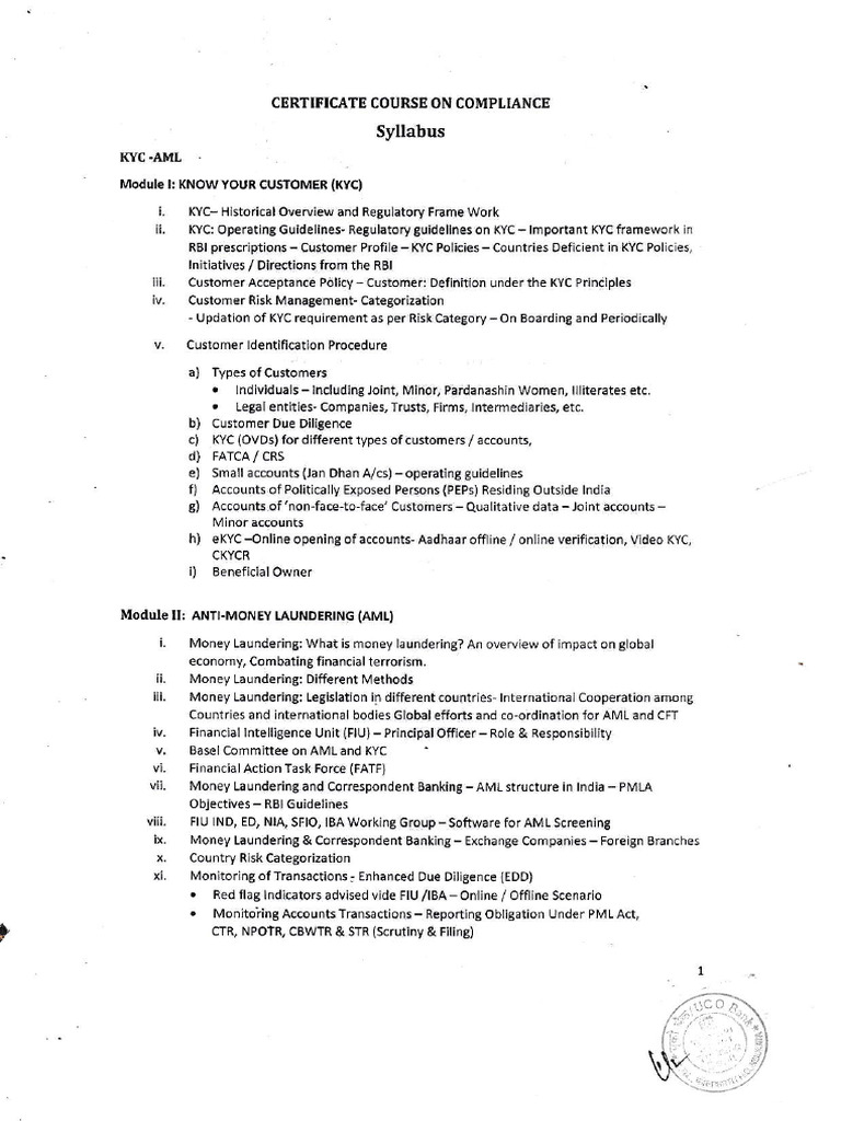 Syllabus of Certificate Exam On KYC-AML & Compliance | PDF | Personal ...