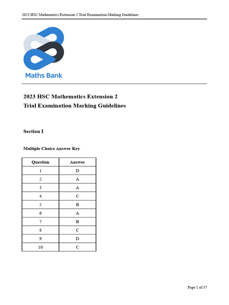 2023 Maths Bank HSC Mathematics Extension 2 Trial Examination Marking ...