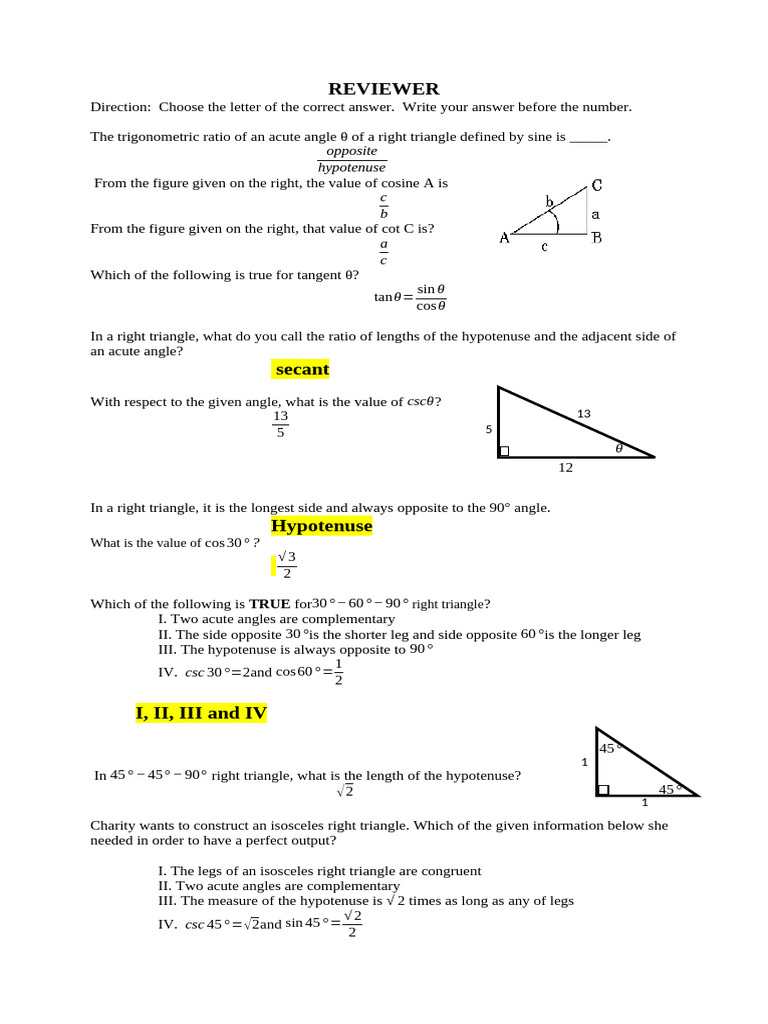 Trigonometric Ratios and Triangle Problems | PDF | Trigonometric ...