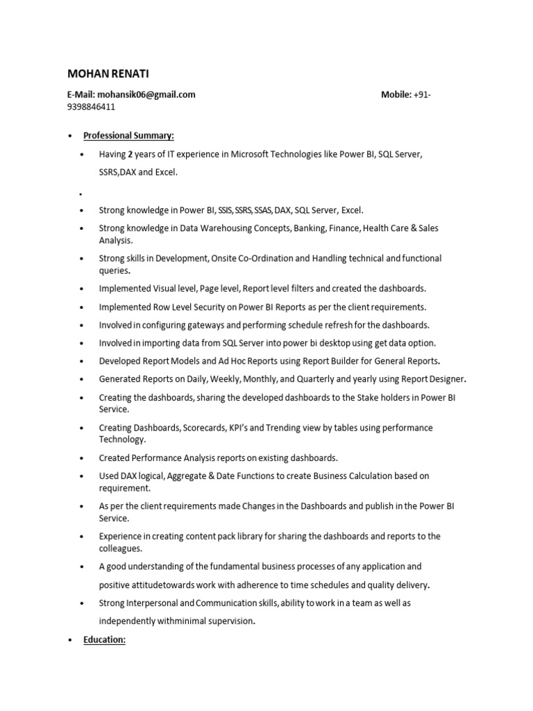Power BI Data Analyst Resume Summary | PDF | Microsoft Sql Server ...
