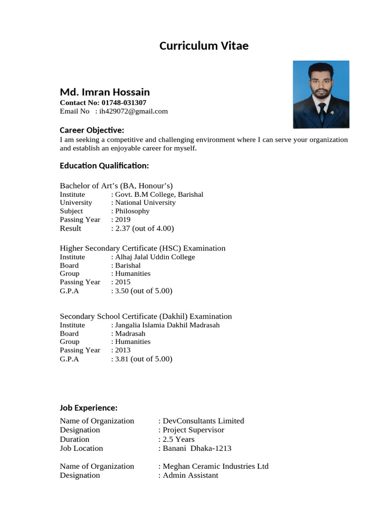 Curriculum Vitae of Md. Imran Hossain | PDF