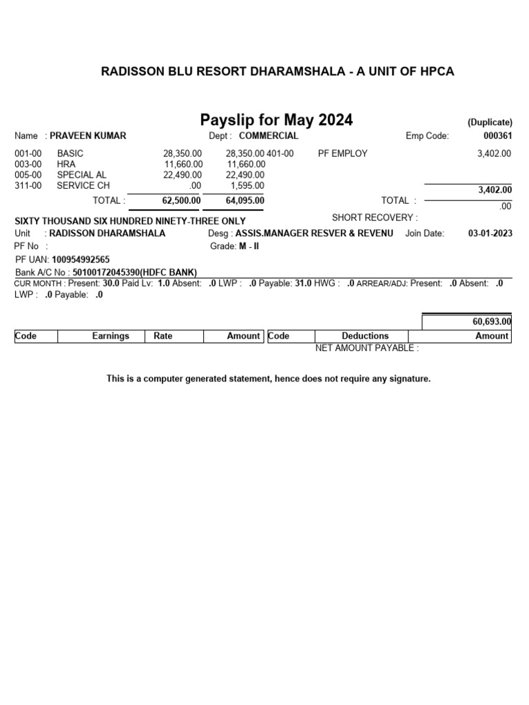Radisson Blu May 2024 Payslip | PDF