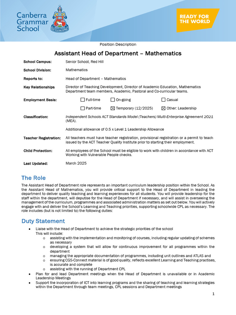 Assistant Head of Mathematics Role | PDF | Teachers | Leadership