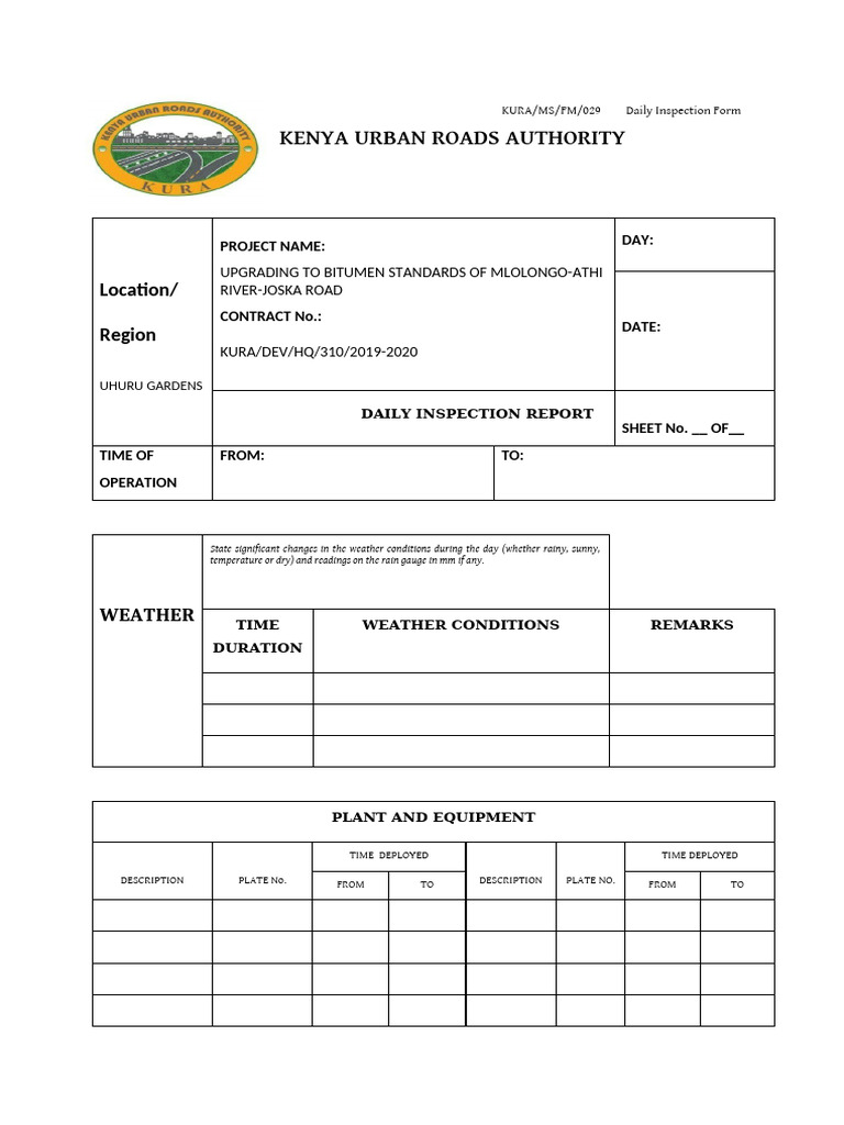 Daily Inspection Report: Mlolongo-Athi Road | PDF