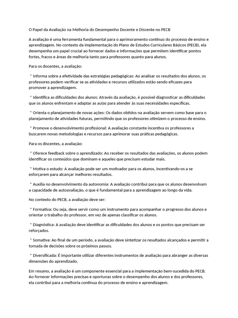O Papel Da Avaliação Na Melhoria Do Desempenho Docente e Discente No ...