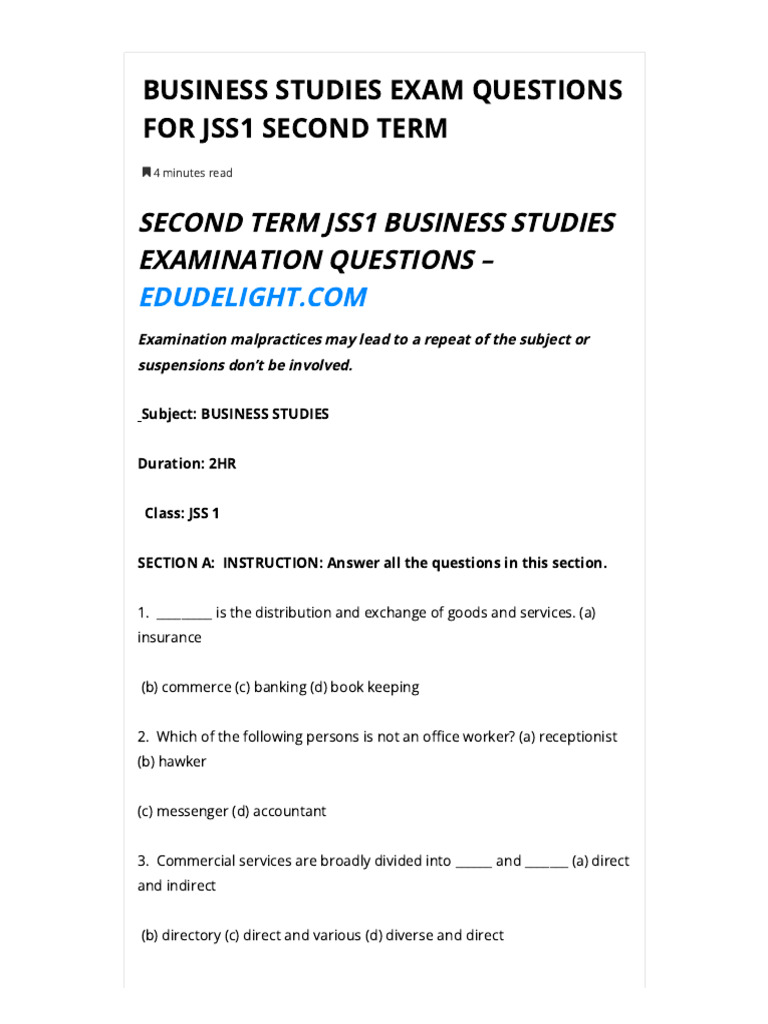 Business Studies Exam Questions For JSS1 Second Term | PDF ...