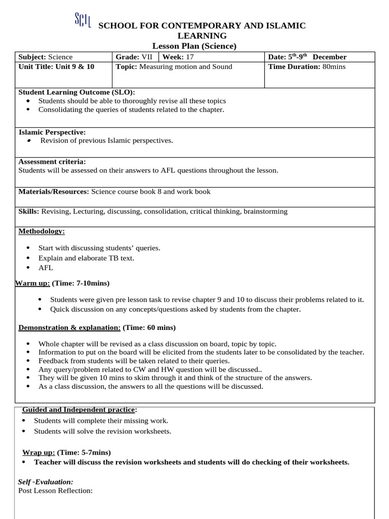 Science Lesson Plan for Grade VII | PDF