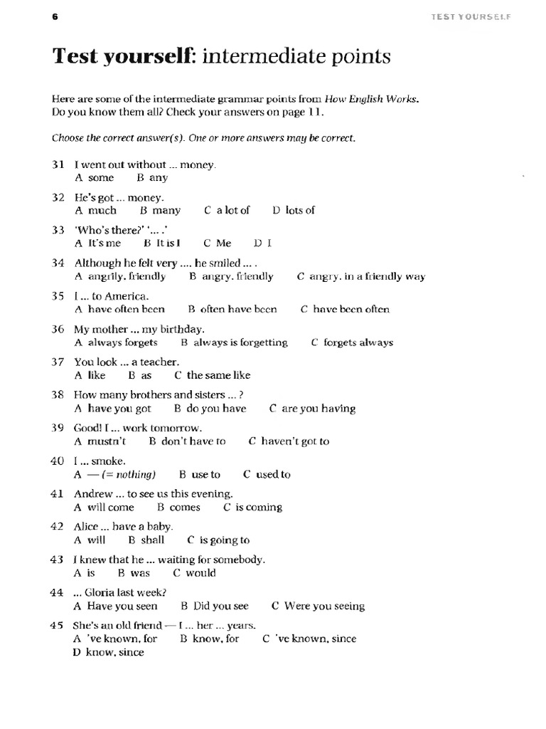 Test Yourself Intermediate Grammar Points | PDF