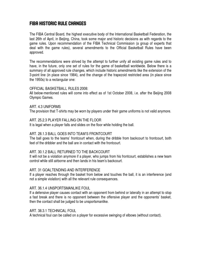 FIBA Rules New Changes Summary PDF Games Of Physical Skill Gaming