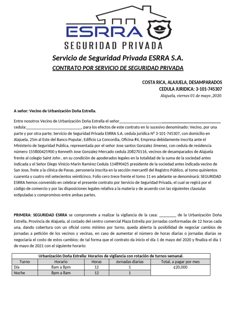 Contrato de Seguridad Privada ESRRA S.A. | PDF | Pliza de seguros