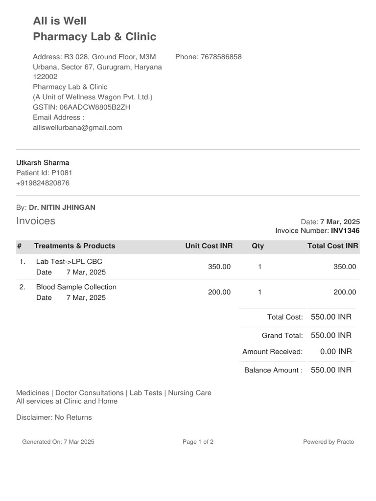 Invoice for Lab Tests and Services | PDF