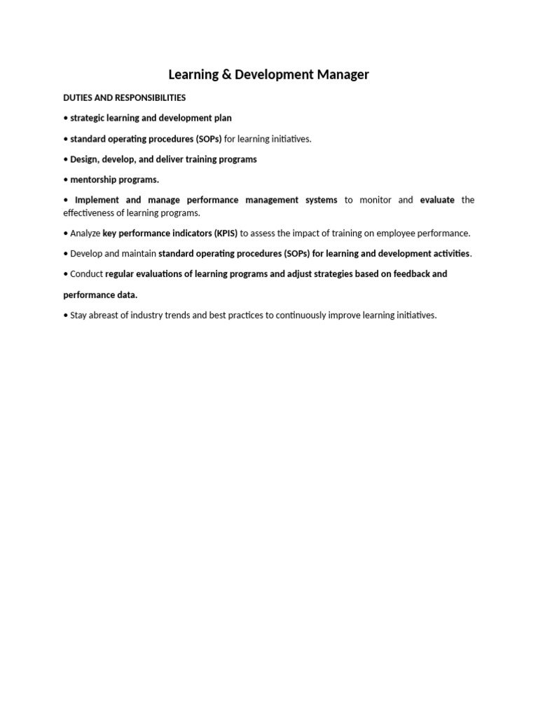 Learning & Development Manager Duties | PDF