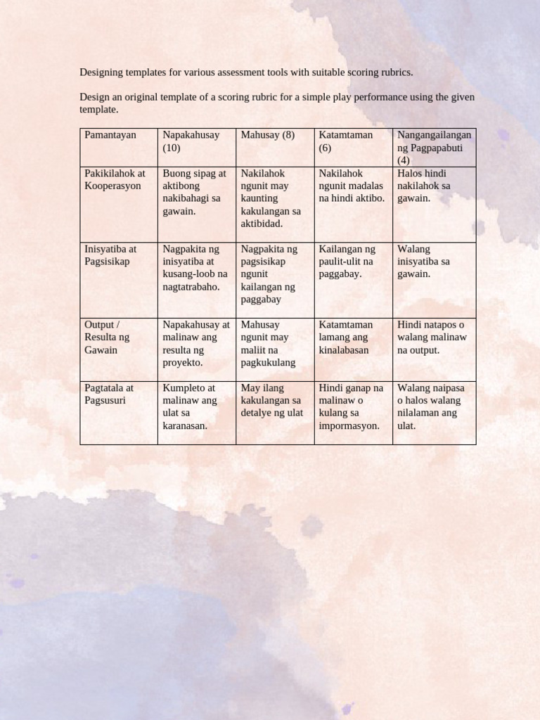 Scoring Rubric for Simple Play Performance | PDF | Cognition | Behavior ...